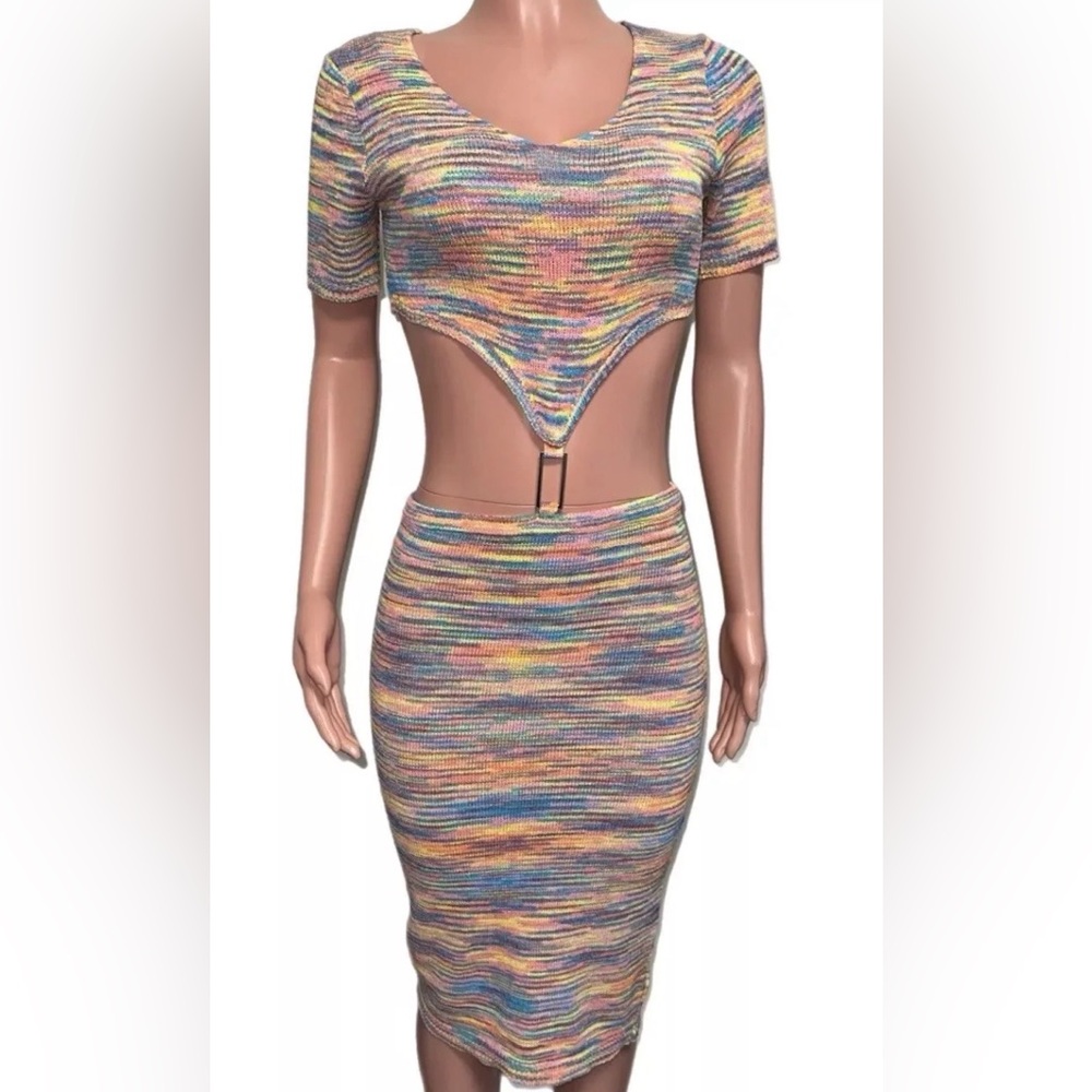 Rehab Pink Stripe O Ring Cut Out S/S Midi Dress Pretty Woman Style Acrylic Knit